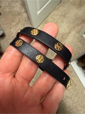 Black Tory Burch Leather Double-Wrap Bracelet with Gold Medallions